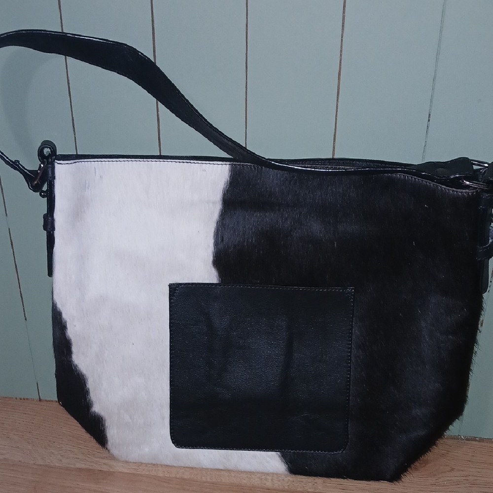 Mona B Black and White Leather Cowhide Shoulder Bag